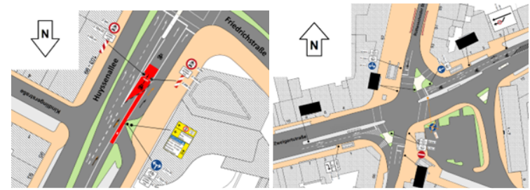 Abbiegegebote in der Huyssenallee (links) und am Stern (rechts)
